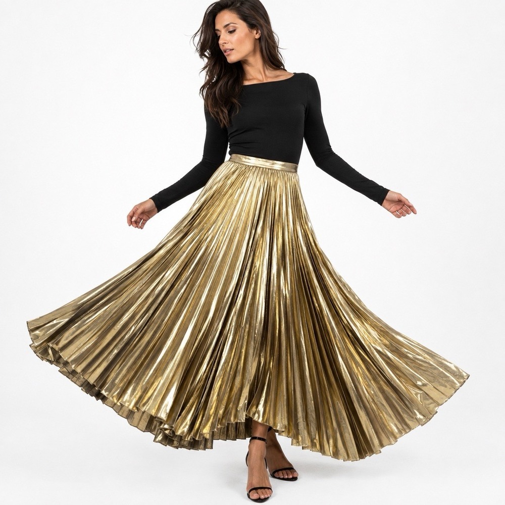 VTG Halston III Gold Metallic Pleated Full Maxi Skirt 8 Holiday Party NYE Disco